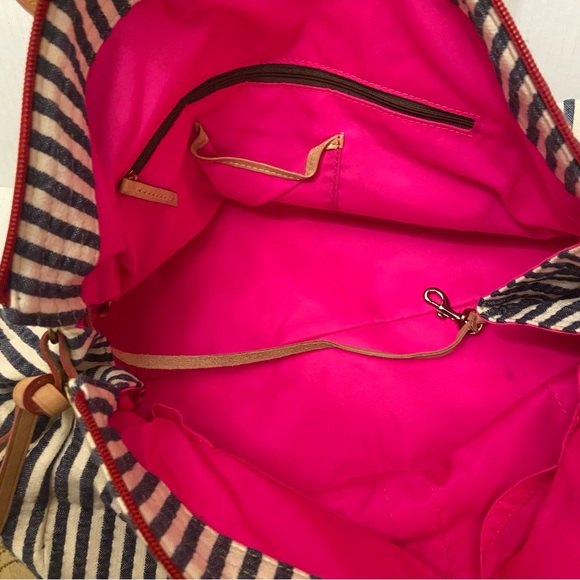 Dooney & Bourke 1975 Blue and White Striped Seersucker Top Handle Satchel Tote - Picture 9 of 10